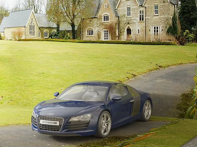 Blue Audi Sports Car Parked on Gravel Path Near Stone House With Grassy Lawn 3d model