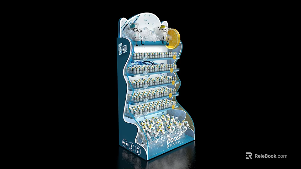 Multi Tiered Blue Display Shelf With Decorative Top And Retail Product 3d model 