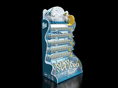 Multi Tiered Blue Display Shelf With Decorative Top And Retail Product 3d model