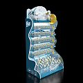Multi Tiered Blue Display Shelf With Decorative Top And Retail Product 3d model