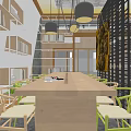 Art Gallery Interior With Wooden Slat Partition Reception Desk Red Circular Decorations And Green Plant