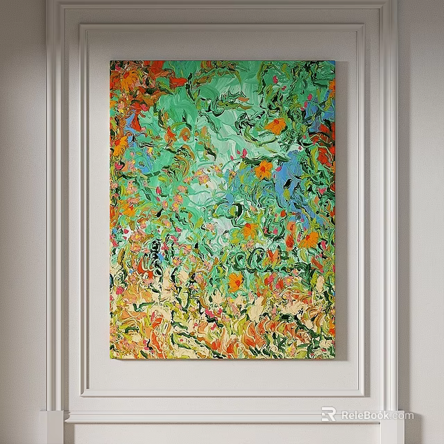 Abstract Painting With Green Orange Yellow Blue Colors And Rich Hand Painted Texture On Wall 3d model 