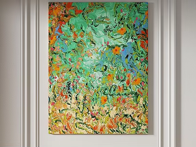 Abstract Painting With Green Orange Yellow Blue Colors And Rich Hand Painted Texture On Wall 3d model