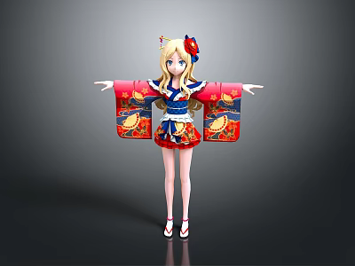 Anime Style Girl Character With Blonde Hair Red Hairpin Blue Kimono Top And Red Skirt 3d model