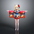 Anime Style Girl Character With Blonde Hair Red Hairpin Blue Kimono Top And Red Skirt