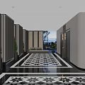 Elegant Elevator Lobby With Geometric Floor Pattern Recessed Lighting Decorative Plants Seating And Elevator Doors 3d model
