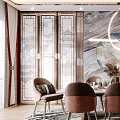 Chinese Modern Restaurant Interior With Round Pendant Light Marble Backdrop Brown Dining Chairs And Rug
