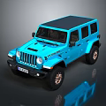 Blue Jeep Wrangler Off Road Vehicle With Black Roof And Bronze Wheels