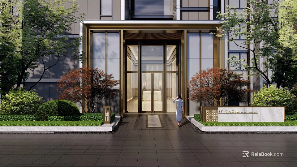 Modern Building Main Entrance Gate With Glass Doors Red Leaf Trees And Uniformed Staff 3d model 