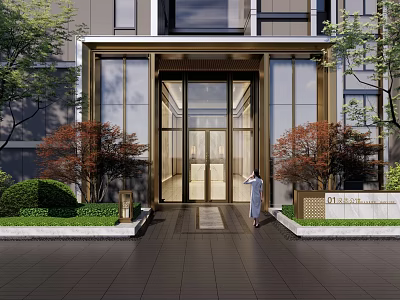 Modern Building Main Entrance Gate With Glass Doors Red Leaf Trees And Uniformed Staff 3d model