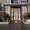 Modern Building Main Entrance Gate With Glass Doors Red Leaf Trees And Uniformed Staff