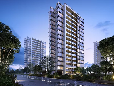 Modern High-Rise Residential Building with Trees Road and Fountains and Lights at Dusk 3d model