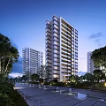 Modern High-Rise Residential Building with Trees Road and Fountains and Lights at Dusk