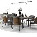 Modern Dining Table Set With Brown Gray Chairs And Marble Countertop Decorations 3d model