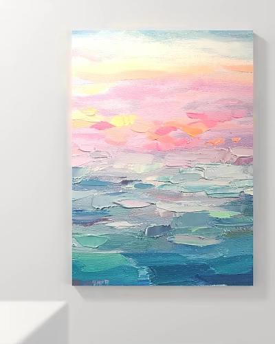 Abstract Seascape Painting With Colorful Sky And Ocean Waves Impasto Texture 3d model