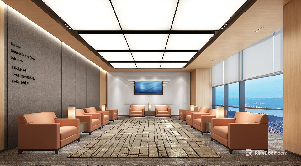 Hotel Public Lounge With Orange Armchairs Large Windows Area Rug And Flat Screen TV 3d model 