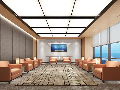 Hotel Public Lounge With Orange Armchairs Large Windows Area Rug And Flat Screen TV 3d model