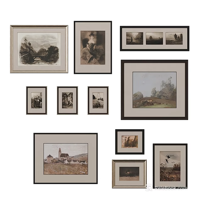 Stylish Photo Wall With Various Framed Artworks And Diverse Landscape Portraits 3d model 