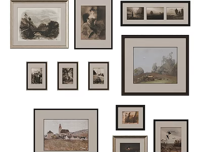 Stylish Photo Wall With Various Framed Artworks And Diverse Landscape Portraits 3d model