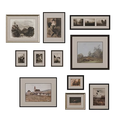 Stylish Photo Wall With Various Framed Artworks And Diverse Landscape Portraits 3d model