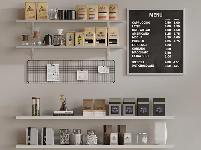 Stylish Café Interior With Coffee Beans Jars And Equipment On Shelves And Menu Board 3d model