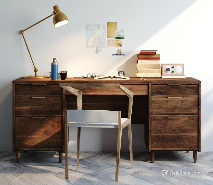 Wooden Desk With Brass Table Lamp Blue Water Bottle Stacked Books Vintage Radio Wall Art 3d model 