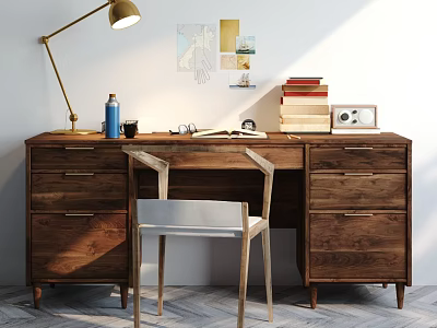 Wooden Desk With Brass Table Lamp Blue Water Bottle Stacked Books Vintage Radio Wall Art 3d model