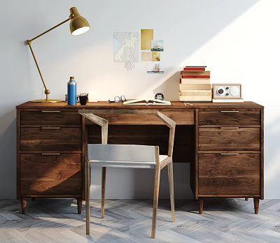 Wooden Desk With Brass Table Lamp Blue Water Bottle Stacked Books Vintage Radio Wall Art 3d model