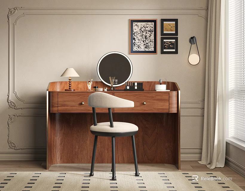 Elegant Wooden Dressing Table With Round Mirror Stool Table Lamp And Framed Artworks 3d model 