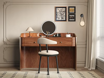 Elegant Wooden Dressing Table With Round Mirror Stool Table Lamp And Framed Artworks 3d model
