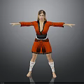 Woman In Red Traditional Costume With Arms Outstretched Against Gray Background