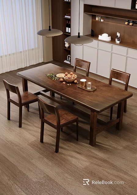 Warm Restaurant Interior With Wooden Dining Table Fruits Cups Wooden Chairs White Cabinets And Curtains 3d model 