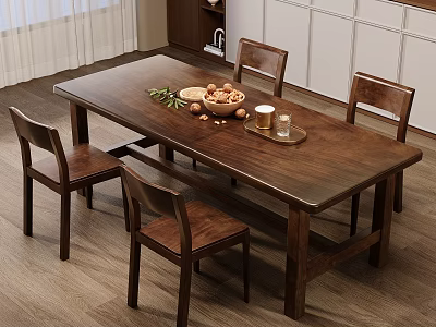 Warm Restaurant Interior With Wooden Dining Table Fruits Cups Wooden Chairs White Cabinets And Curtains 3d model