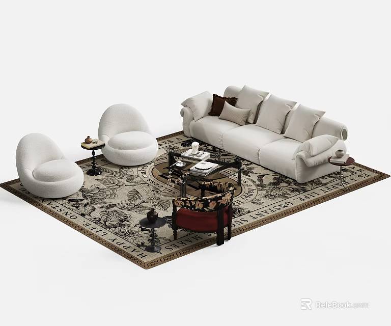 Elegant White Sofa And Coffee Table Set With Round Accent Chairs And Patterned Rug 3d model