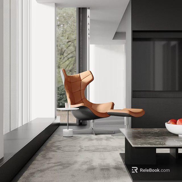 Modern Orange Leather Leisure Chair In Bright Interior With Large Window And Side Table 3d model 
