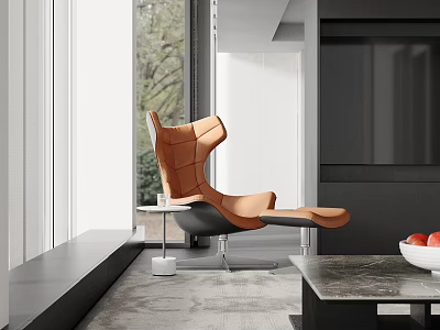 Modern Orange Leather Leisure Chair In Bright Interior With Large Window And Side Table 3d model