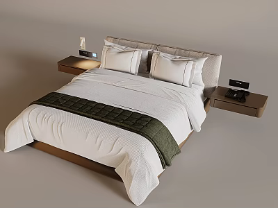 Single Bed With White Quilt Green Accent Stripes And Wooden Bedside Tables With Lamps 3d model