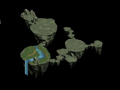 Cartoon Scene Of Floating Islands With Green Grass Blue Stream And Rocky Terrain 3d model