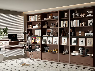 Modern Study Room Interior With Bookshelves Books Decorations Desk Laptop Plant And Checkered Floor 3d model