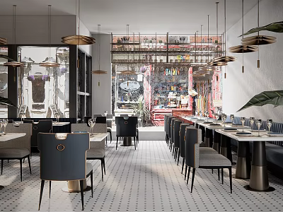 Modern Restaurant Interior Design Featuring Open Layout Dining Tables And Hanging Chandeliers 3d model