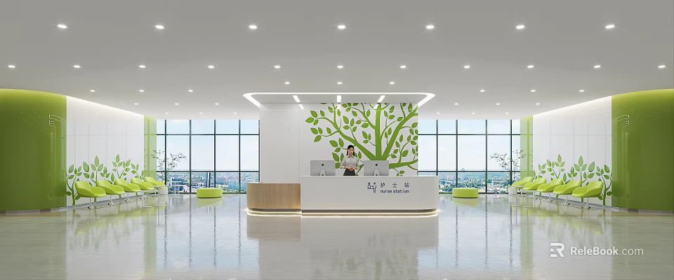 Hospital Outpatient Reception Area With Green Tree Wall And Bright Space 3d model 