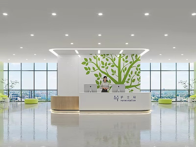 Hospital Outpatient Reception Area With Green Tree Wall And Bright Space 3d model