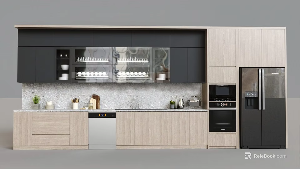 Modern Kitchen Interior With Light Wood Cabinets Dark Upper Glass Doors And Countertop Appliances 3d model 