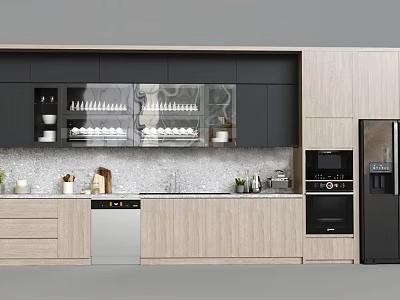 Modern Kitchen Interior With Light Wood Cabinets Dark Upper Glass Doors And Countertop Appliances 3d model