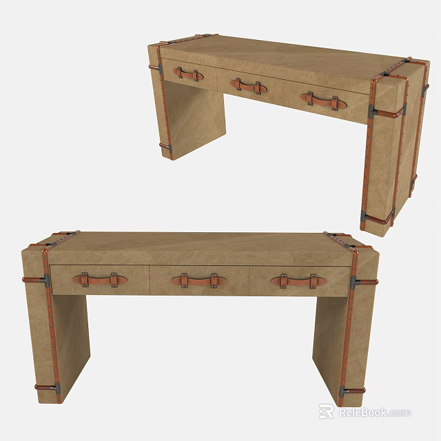 Vintage Wooden Desk With Leather Handles And Multiple Drawers Classic Design 3d model 