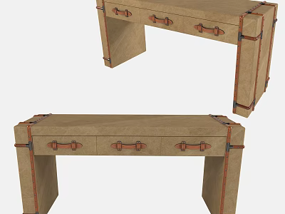 Vintage Wooden Desk With Leather Handles And Multiple Drawers Classic Design 3d model