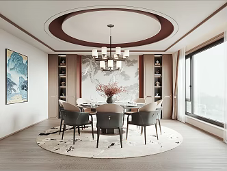 New Chinese Restaurant Dining Table and Chair Round Dining Table and Chair Ornaments Chandelier Carpet Decorative Painting Curtain 3d model