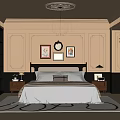 Elegant Bedroom Interior Design With Wainscoting Chandelier Framed Artworks Nightstands And Area Rug