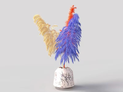 White Cracked Vase Holding Feathery Yellow Orange Blue Flowers in Simple Background 3d model
