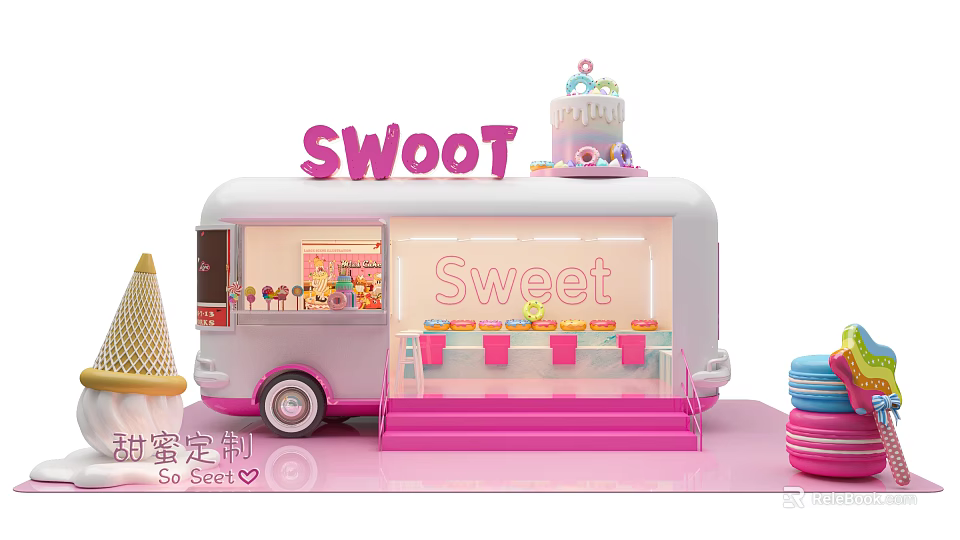 Cute Pink Dessert Truck Photo Spot With Sweet Sign Cake Ice Cream And Macarons 3d model 